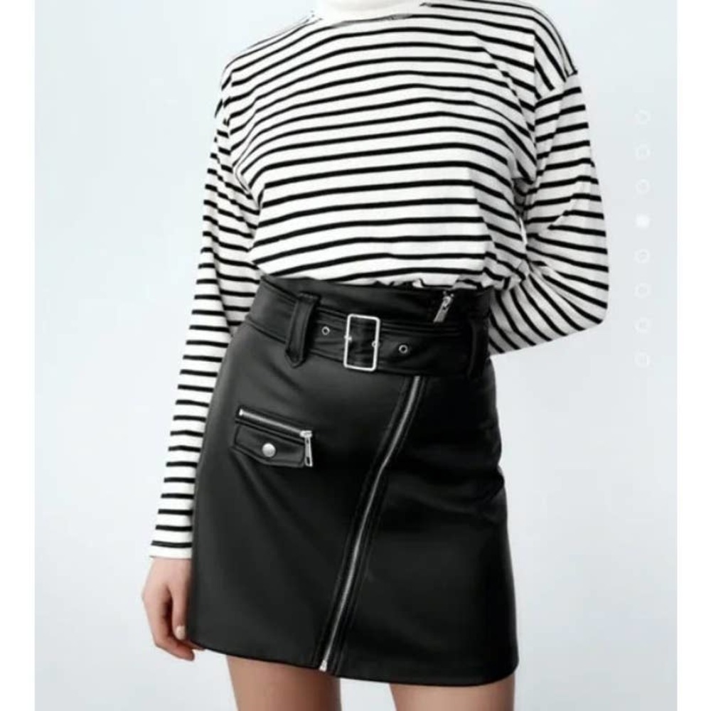 NWT Zara Black Faux Leather Mini Skirt With Zippers, Women's Small